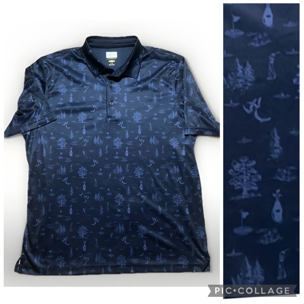 Greg Norman Men's Polo Shirt - Navy with playful golf course imagery print sz L